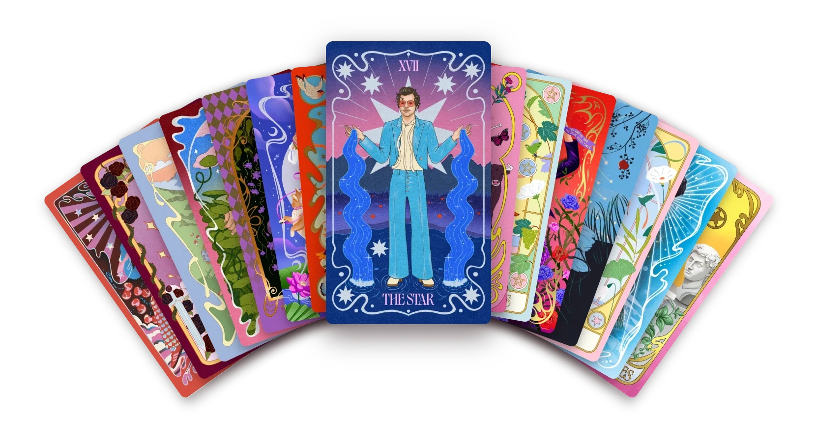 The Star, fanned out in front of fourteen more cards from the deck